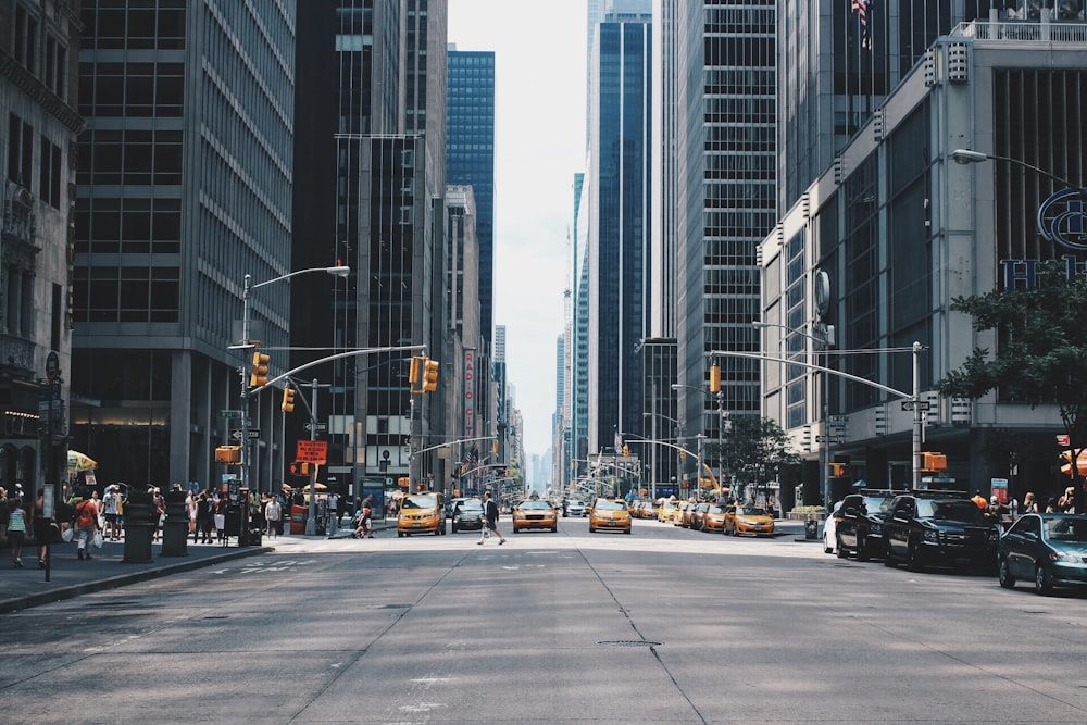City avenue lined with high-rise towers